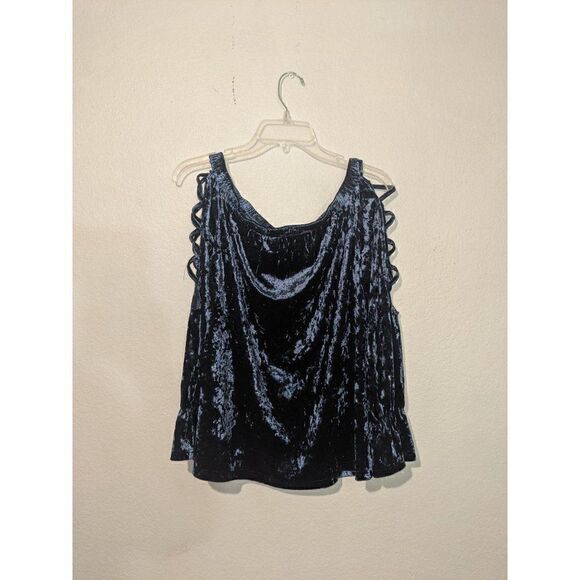 Womens Entro Blue Velvet Ladder Sleeve Off The Shoulder Top Sz M - Picture 5 of 11